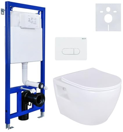 BELVIT Hänge-WC Komplettset Weiß - wandhängendes WC aus Sanitärkeramik mit Vorwandelement 3/6 L, Betätigungsplatte und Belvit Softclose WC-Sitz aus Duroplast
