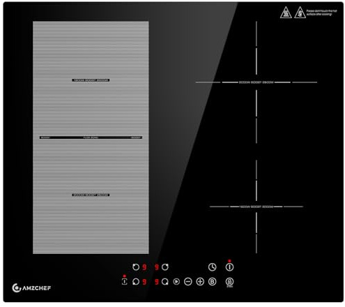 AMZCHEF Induktionskochfeld 60cm mit Flexzonen, 4 Zonen Induktionskochplatte mit Boost-Funktion und 9 Leistungsstufen, Pausenfunktion, Timer, Sicherheitsschloss, Überhitzungsschutz, BBQ, 7200W
