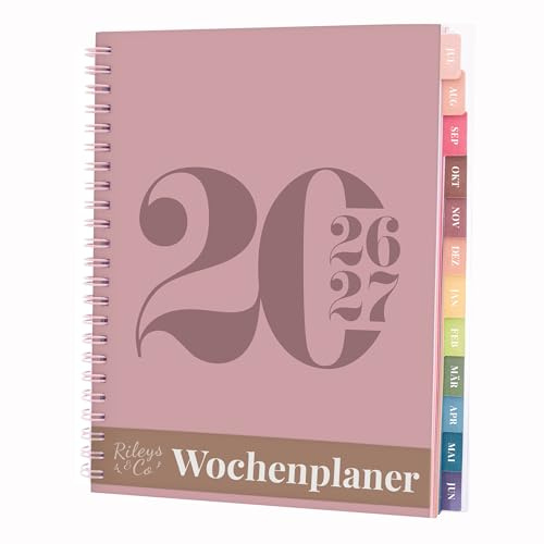 Rileys 2026-2027 Typografisch Akademischer Planer, 20x15cm (Rosa, Deutsch) | Flexibler Einband, Notizseiten, Planer für Schule und Arbeit