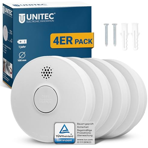 UNITEC Rauchwarnmelder TÜV geprüft, Rauchmelder, DIN EN 14604 Zertifiziert, Batterielebensdauer 1 Jahr, Alarm 85 dB, akustische und optische Anzeige, manuelle und automatische Prüffunktion, 4er Pack