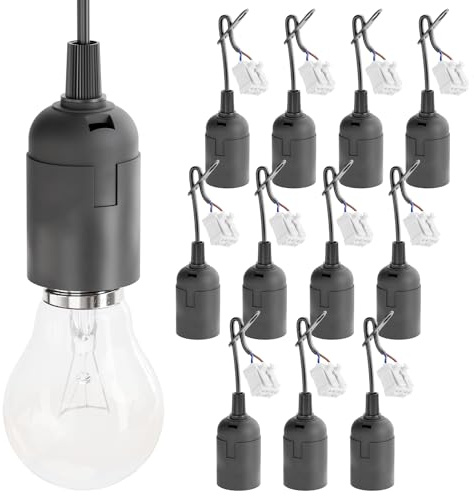 greate 12x Baufassung E27 schwarz mit Schnellverbinder - Lampenfassung E27 inkl. Zugentlastung - Baustellenlampe Fassung für max. 60W 250V - Baulampe Lampenfassung mit Kabel, Glühbirnen Fassung