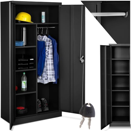 tectake Aktenschrank, Spind Schrank, Mehrzweckschrank, Garderobenschrank mit Kleiderstange, Haushaltsschrank mit 6 Fächern, Aktenschrank abschließbar, Ink. Einlegeböden,180x80x40cm – schwarz