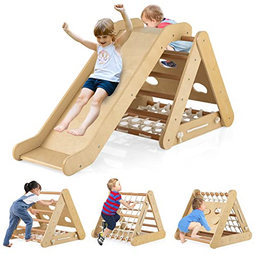 GOPLUS 3 in 1 Kletterdreieck mit Rutsche, Klettergerüst mit Leiter & Netz & Brett für Kinder, Indoor Holzspielzeug für Kleinkinder ab 1 Jahren, Triangle Gym mit Rampe für Kinderzimmer (Natur)