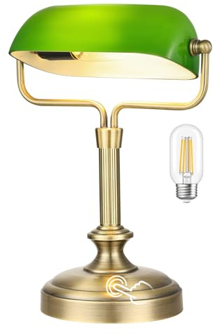 LOFOB Vintage Bankerlampe, Grünes Glas, Touch-Steuerung, 3-Stufen Dimmbar, LED 6W, Messingfinish (Antique Brass+Green+Touch)