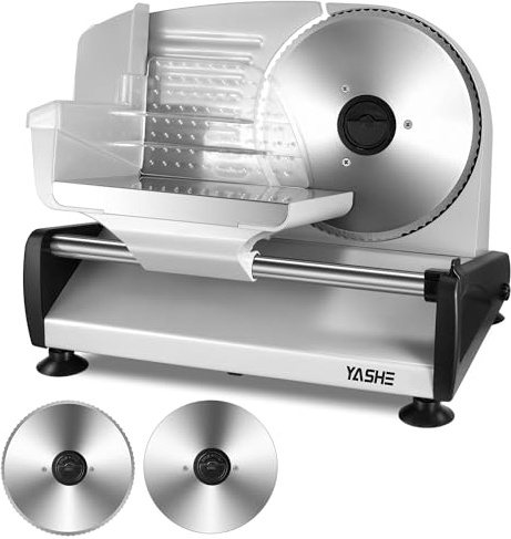 YASHE Allesschneider Elektrisch, 250W Brotschneidemaschine mit 19cm Gezahntem & Glattem Messer, Einstellbarer Schnittstärke 0–15 mm, Sicherheitsverriegelung, Rutschfeste Saugfüße, Leicht zu Reinigen