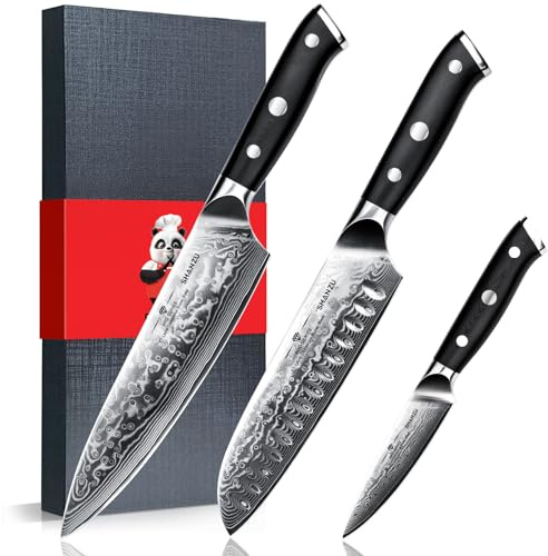 SHAN ZU Damastmesser-Set, 3-teilig japanisches Superstahl-Damast-Küchenmesser-Set, hochkohlenstoffreiches professionelles ultrascharfes Kochmesser-Set mit G10-Griff Geschenkbox