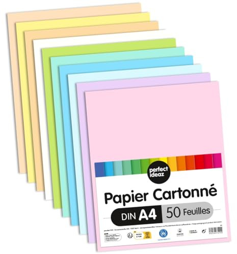 perfect ideaz - 50 Blatt Fotokarton DIN-A4, 10 Pastell-Farben, 300 g/m², Made in Germany, Blauer Engel zertifiziert