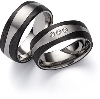 Schmuck Depot Eheringe & Partnerringe aus Titan und Carbon mit 3 Diamanten 0,045 ct W/SI | Paar Trauringe 7 mm in Größe 50-70 mit Gravur & Etui | 3856