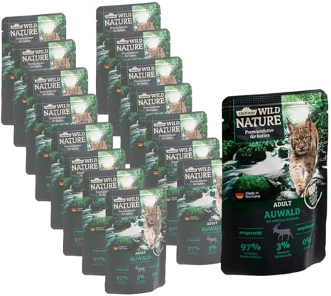 Dehner Wild Nature Katzenfutter Auwald, Nassfutter getreidefrei / zuckerfrei, für ausgewachsene Katzen, Hirsch / Truthahn, 16 x 85 g Beutel (1.36 kg)