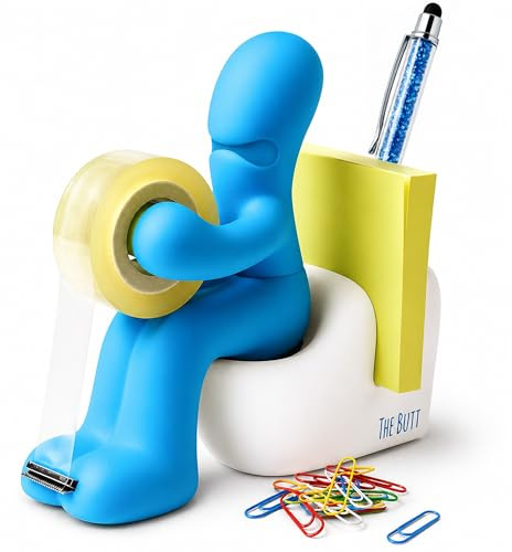 Klebefilm-Abroller und Bürobedarf-Station - Schreibtisch-Accessoire - Origineller Schreibtisch-Organizer mit Briefklammern, Haftnotizzetteln und einem Stift (Blau)