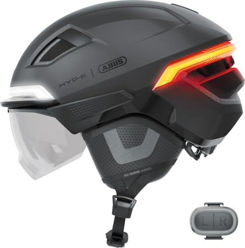 ABUS Fahrradhelm HYP-E ACE - mit Frontlicht, Rücklicht und Blinklicht - mit Visier und Ohrenschützern - geeignet auch für E-Bike und S-Pedelec - für Damen und Herren - Größe M, Silber