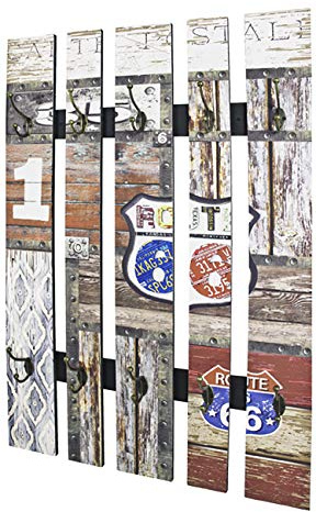 HAKU Garderobenleiste, Hakenleiste, Kleiderhaken, Wandgarderobe, Motiv, Vintage, MDF, Metall - Maße: B 65 x H 100 x T 9 cm, Style: Industrial