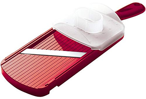 Kyocera Universal Keramikhobel, zweischneidig, Rot, Extra scharfe Keramik-Klingen, Gemüsehobel mit Fingerschutz, Kunststoffrahmen, ergonomischer Griff und Aufhängeloch, Küchenreibe Hand