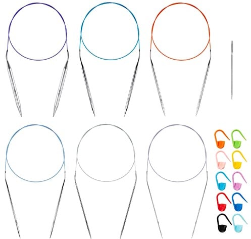 80cm Edelstahl Rundstricknadel Setzen für Anfänger, 6 Stück 2.0 mm, 3mm, 4mm, 5mm, 6mm und 9mm Metall Runde Stricknadeln mit magischer Schlaufe, Feste Kreisnadeln für Socken, Decken, Pullover, Schal