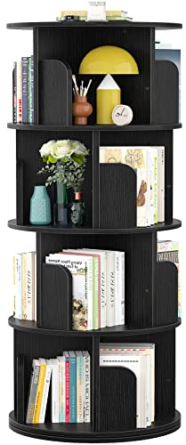 Aheaplus Drehbares Bücherregal, 360 Grad Display-Eckregal für kleinen Raum, 4 Etagen, freistehendes Aufbewahrungsregal, Holz, schmales Arbeitszimmerregal, Schwarz
