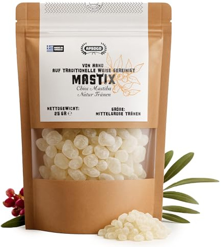 Apsogo Mastix Kaugummi - Mastiha Harz Tränen aus Chios, Natürlich, 25g | Natürliches Chios Mastic Gum zum Kauen - ganze Mastix Tränen mit harzig-piniigem Aroma für Küche und Backen.