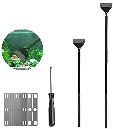 BUYGOO Algen Rasiermesser Schaber Aquarium Algenschaber Algenkratzer Set, Aluminiumlegierung Aquarium Algen Reinigung Schaber mit 35cm/50cm/65cm Verlängerungsstange 10x Klingen 1x Schraubendreher
