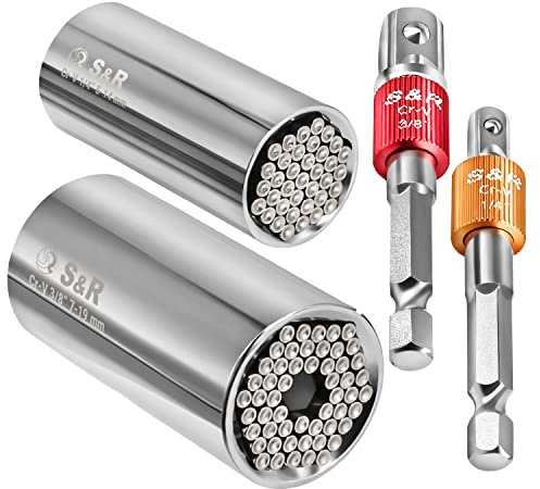 S&R Universal Steckschlüssel, Multi Stecknuss Set, 4-tlg | 2x Multifunktion-Nuss 5-14 mm und 7-19 mm, 2x Sechskant Adapter 1/4 und 3/8 Vierkant, Lösen von Muttern, Haken, Bolzen uvm