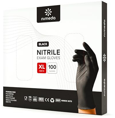 NIMEDA Einweghandschuhe für Lebensmittelbereiche, Medizin, Kosmetik und Haushalt Schwarz 100 Stück Nitrilhandschuhe Einmalhandschuhe Latexfrei Puderfrei (XL)