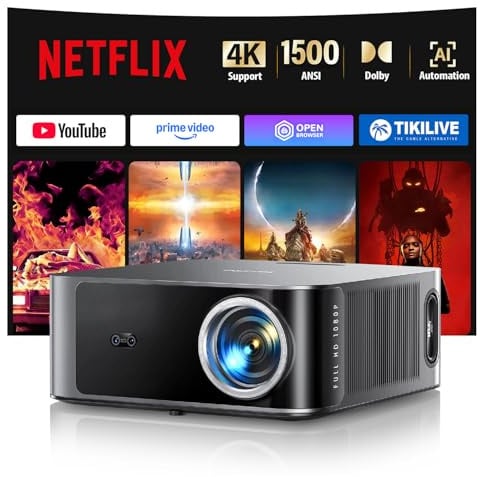 Beamer 4K【Kompatibel mit Netflix & Dolby Audio】 Toptro 1500 ANSI Smart Beamer Heimkino, 1080P Full HD Video Projektor mit Zwei-Wege Bluetooth WiFi, KI-Autofokus & Trapezkorrektur für Outdoor/Handy