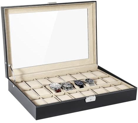 Uten Uhrenkasten 24 Uhren, Uhrenbox Herren Aufbewahrungsbox mit Metallschloss, Schlüssel und herausnehmbaren Uhrenkissen,Geschenkidee Watch Box Schwarz