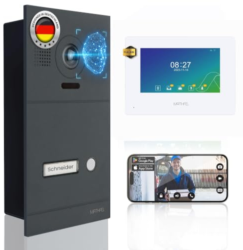 Mathfel 2-Draht IP Video-Türsprechanlage mit Türöffner – Full-HD Kamera, 7 Monitor & App-Steuerung – Smarte Video-Türklingel mit Gegensprechanlage (Anthrazit, 1 Klingeltaster)