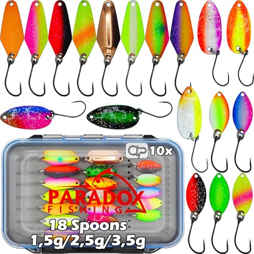 Paradox Fishing Forellen Spoon Sets mit Box und Snaps I Forellenköder Set zum Forellen Angeln I Forellen Blinker Forellen Köder Spoon Forelle - Spoons Forelle