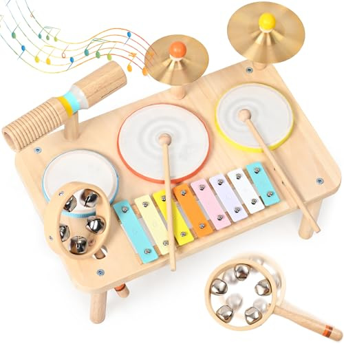 OATHX 9 in 1 Schlagzeug Kinder Trommel Holz – Musikinstrumente für Kinder ab 1 Jahr, Montessori Baby Spielzeug Geschenk für 1 2 3 4 5 6 Jahre Junge Mädchen