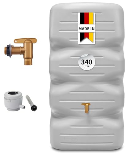 GARANTIA CUBUS Gartentank Komplett-Set 340 Liter betongrau inkl. Kunststoff-Auslaufhahn und Fallrohranschluss - Regentonne eckig zum Regenwasser sammeln auf Terrasse - Regenwassersammler flexibel