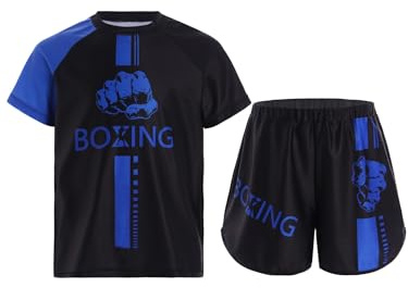 Miaeowve Kinder Junge Wushu Anzug Fitness Sport Kleidung Set Kurzarm Oberteil Mit Muay Thai Kick Boxshorts Kampfsport Sportbekleidung Kampfausrüstung Blau 122-128