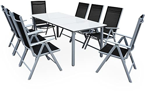 CASARIA® Gartenmöbel Set 8 Stühle mit Tisch 190x90cm Aluminium Sicherheitsglas Wetterfest Klappbar Modern Terrasse Balkon Möbel Sitzgruppe Garnitur Bern