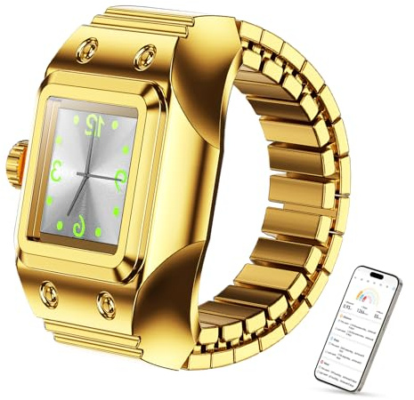 Govllfoz Ring-Uhr Digital, Rechteckiges LCD-Display, Metallarmband in Silber/Schwarz/Gold, Wasserdicht 30m,WR01