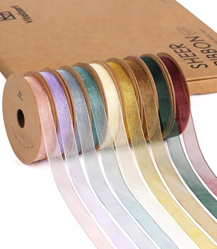 Vitalizart 0,95 cm x 82,3 m Organzaband in Hellen Farben, 9 Rollen x 9.14 m, Geschenkband für Geschenkverpackungen, Bastelarbeiten, Weihnachtsbaumschleifen, Hochzeitseinladungen, Blumensträuße