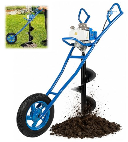 HUOMMGS 63CC 2,2KW Erdbohrer Benzin Erdlochbohrer mit 300mm Spitzen, Rädern 2 Takt Motor Handschiebe Benzin Pfahlramme Professionell Gärtenerdbohrer Obstgartenerdbohrer für Bauindustrie (Blau)