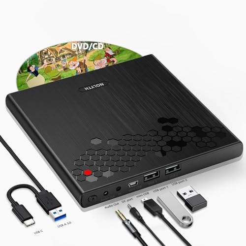 NOLYTH Externes CD Laufwerk für Laptop: USB C DVD Laufwerk Extern für Mac MacBook Windows Slot-in Externer CD/DVD Brenner und Player mit Audio USB Ports Auswurftaste
