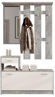 Vera Garderobe mit Spiegel weiß matt - Kompaktgarderobe Korpus Beton Optik - 100 x 190 x 26 cm (B/H/T)