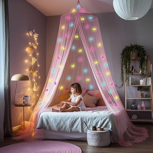 Betthimmel für Mädchen, Leuchtenden Einhörnern | Prinzessinnen Moskitonetz | Baldachin für Kinderzimmer | Himmelbett Vorhänge für Kinder & Kinderbett
