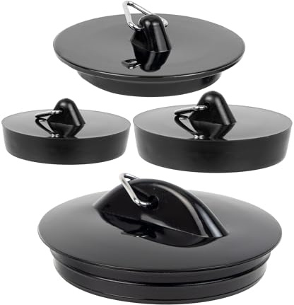Stöpsel Set, 4 Größen mit Ø 36–53 mm, in Schwarz, PVC Ablauf Stopfen für 1 1/2" - 1 3/4" - 2 Zoll Ventilabfluss, Abflussstöpsel Waschbecken, Waschbeckenstöpsel, Badewannenstöpsel Haushalt