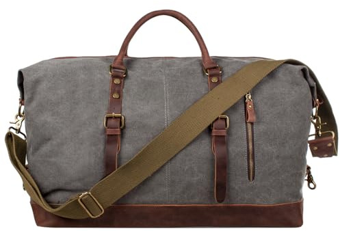 S-ZONE Reisetasche 60L Vintage Canvas Crazy Horse Leder Trim Unisex Handgepäck Weekender Tasche Sporttasche für Reise Wochenende Urlaub