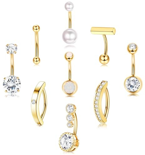 Morfetto 9stk Bauchnabelpiercing Gold Chirurgenstahl Piercing Bauchnabel 14G Silber Bauchnabelpiercing Schwangerschaft CZ Perle Opal Bauchpiercing Nabelpiercing 10mm Stablänge Gold