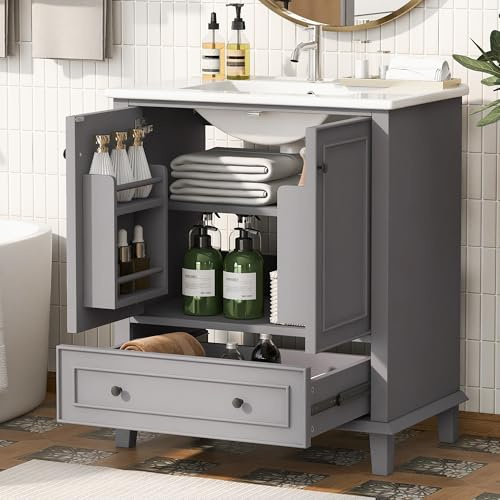 Merax Waschbecken mit Unterschrank, Bodenstehender Badezimmerschrank mit Waschbeck, Waschtisch, Beine aus Massivholz, feuchtigkeits- und wasserdicht, Keramikwaschbecken, Grau, 76x46x87cm