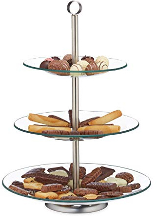 Relaxdays Etagere, 3 Etagen, rund, Cupcake, Keks, Obst, Silber/transparent | Muffin, Servierständer, Glas, Edelstahl