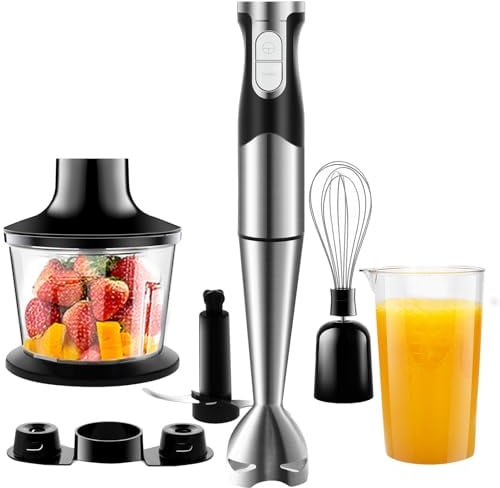 NWOUIIAY Stabmixer set 6-in-1 Pürierstab Edelstahl Set 1200W Stabmixer 600ml Messbecher, Schneebesen,Lebensmittelhacker,Lagerregal für die Zubereitung von Babynahrung Salaten Suppen und Gemüse