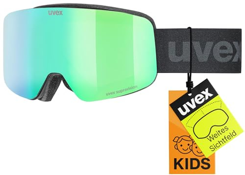 uvex pwdr FM - stylische, verspiegelte Skibrille mit weitem Sichtfeld und Anti-Fog-Beschichtung mit ausgewachsenen Features für Kinder - black matt/green-clear - one size