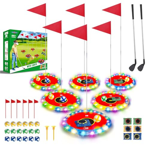 TERRAMUS Leuchtendes Golfspielset für Kinder, 2-in-1-Golf- und Wurfspiel, 16 Bälle, 2 Schläger, 6 beleuchtete Ziele, Spielset für drinnen und draußen, Geschenk 3-8 Jahre