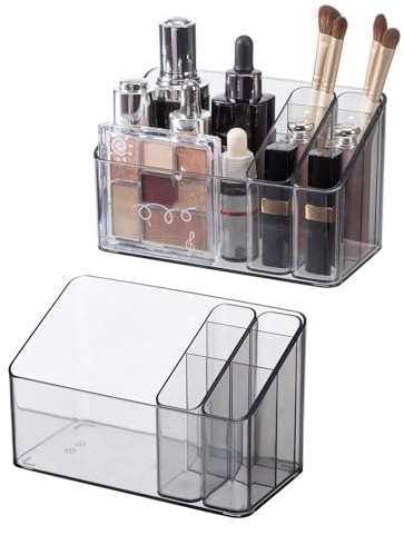 SHIMOYAMA Make-Up Organizer, 2-Pack, Kunststoff Kosmetik Aufbewahrungsbox für Schminktisch Badezimmerschrank, Schönheitsprodukte Organizer Desktop-Speicherhalter mit 2-beweglichem Innenkoffer