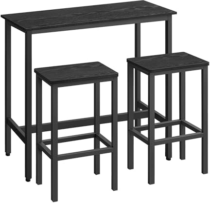 VASAGLE Bartisch mit Barhocker Set, Essgruppe, Stehtisch mit 2 Stühlen, Stahlgestell, Industrie-Design, ebenholzschwarz-tintenschwarz LBT218B56