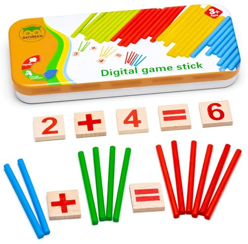 Natureich Montessori Mathe Spielzeug Holz Metallbox zum Aufbewahren Zahlen Lernen Rechenstäbchen Bunt ab 3 Jahre für frühe Motorik Entwicklung