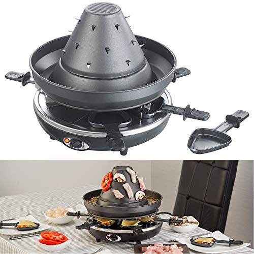 Rosenstein & Söhne Tartarenhut: Elektrischer 3in1-Tatarenhut- & Raclette-Grill mit Fondue-Rinne, für 6 (Husarenhut Grill, Tatarengrill, Topf)