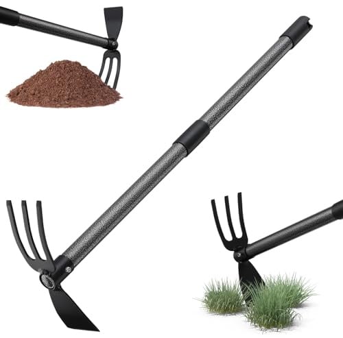 2-in-1-Gartenhacke mit 3 Zinken, Unkraut- und Pflanzhacke, 76 cm | Metallkopf zum Jäten, Pflanzen, Lockern und Belüften von Beeten; mehrteiliger Stiel ermöglicht kompakte Lagerung